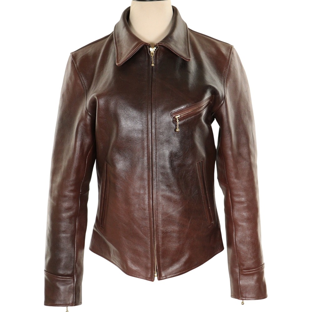 Rugged West Brown Leather Jacket Moto Cafe Racer Zip Pocket Olympia Women M HTF